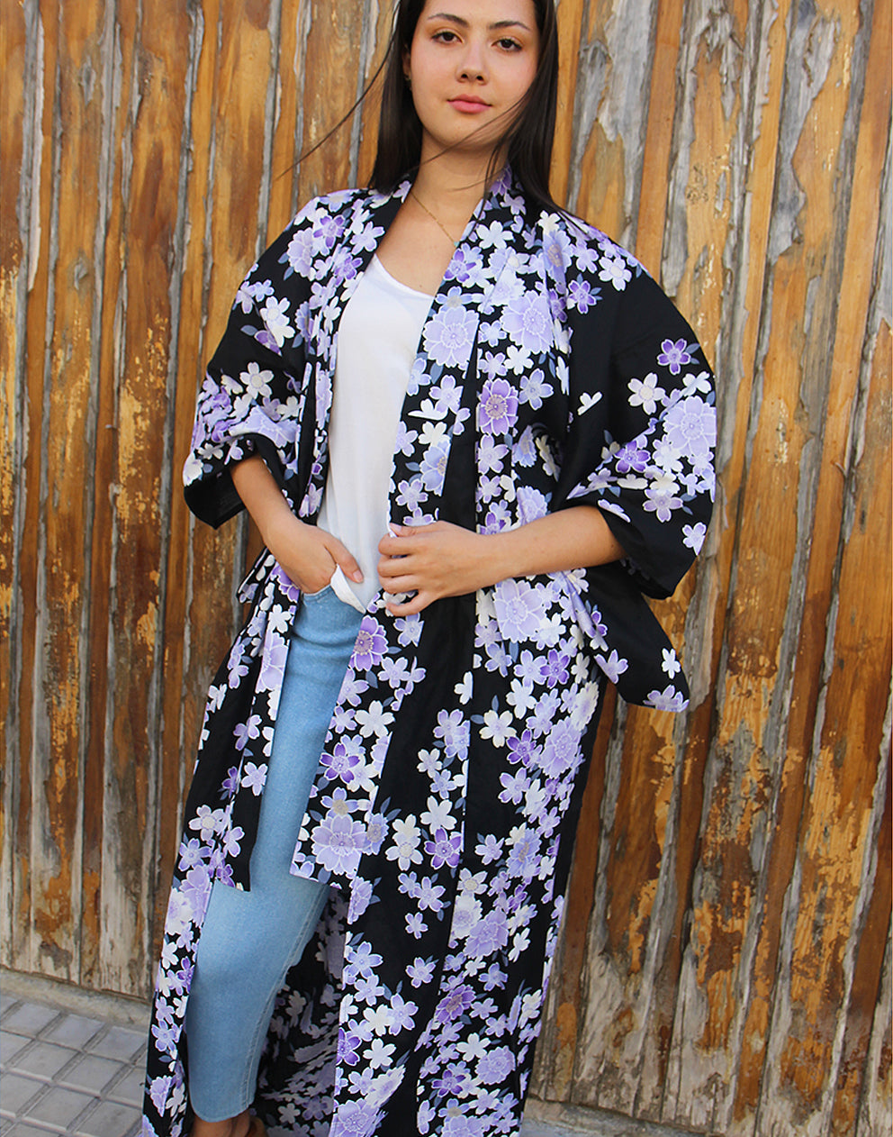 Long Yukata Kimono in Black & Purple