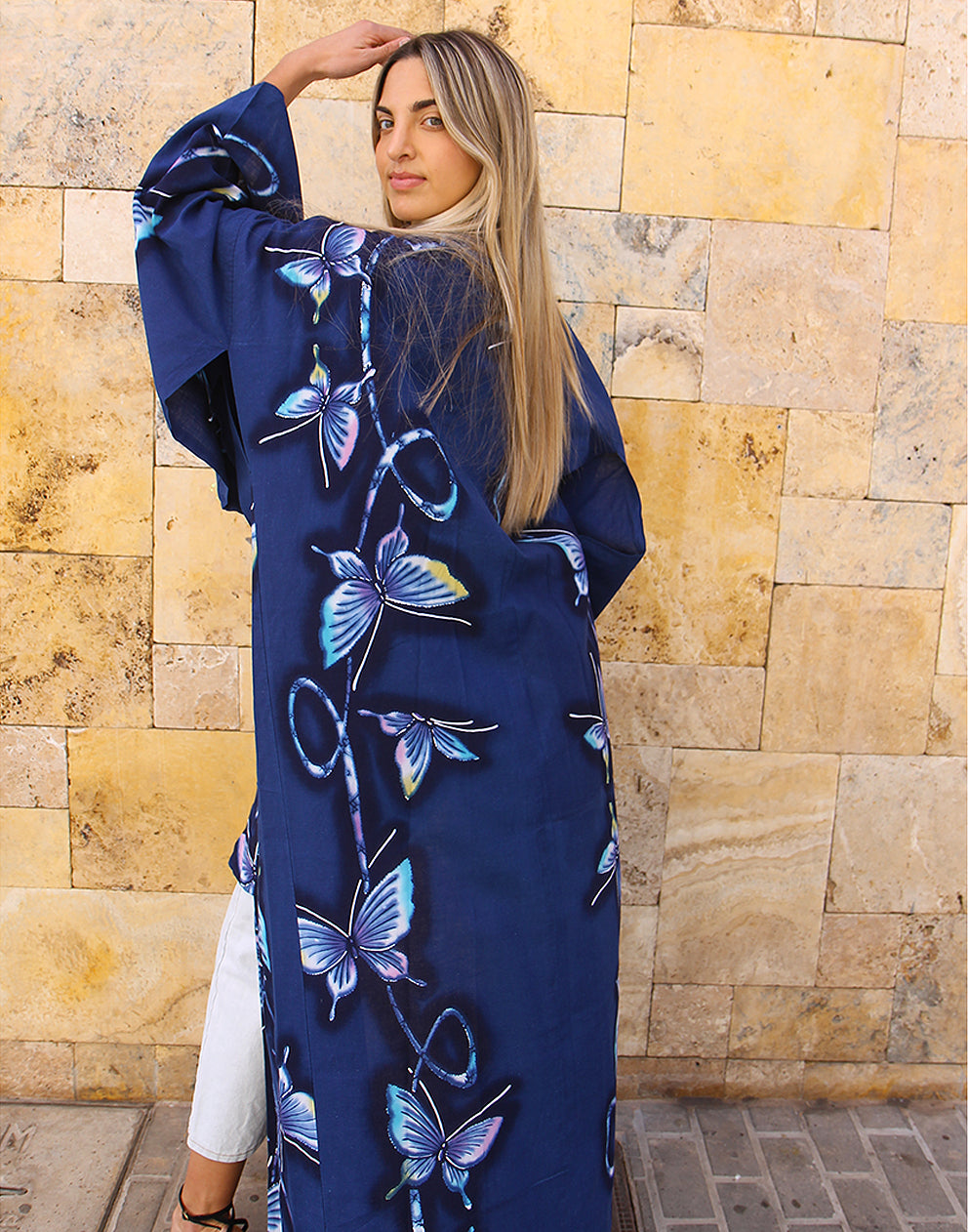 Long Kimono in Blue with Butterfly Print