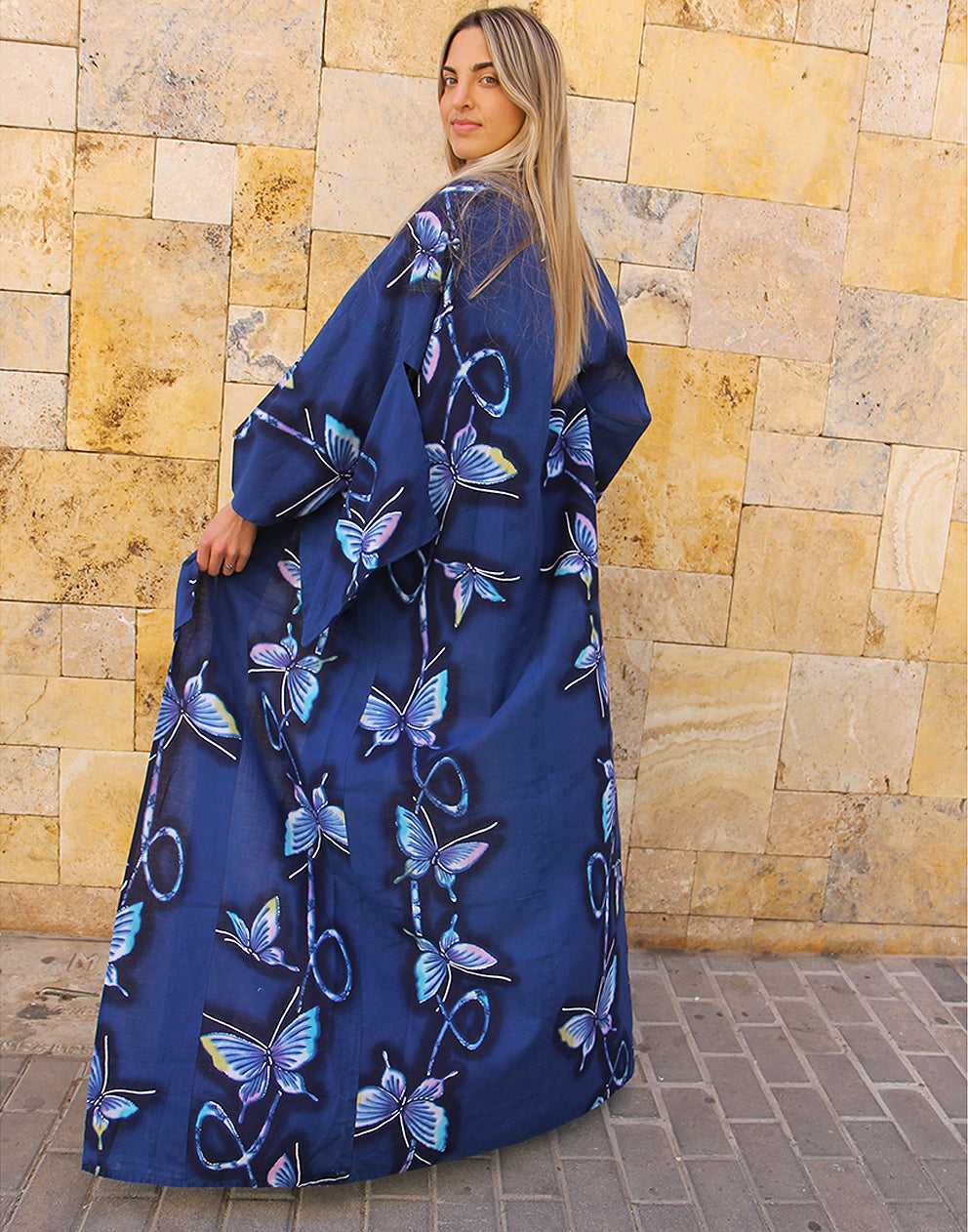 Long Kimono in Blue with Butterfly Print