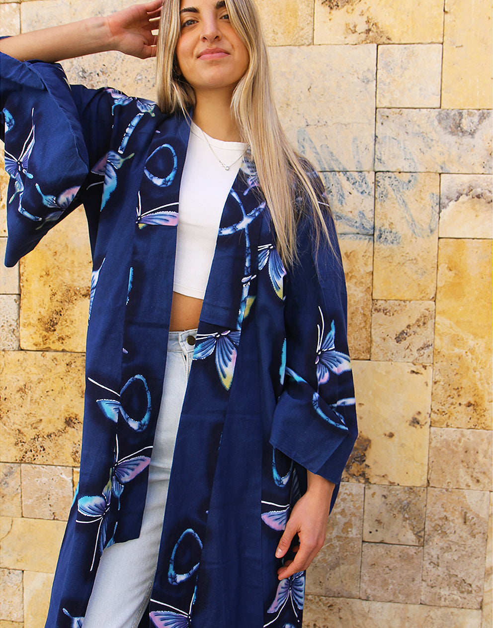 Long Kimono in Blue with Butterfly Print