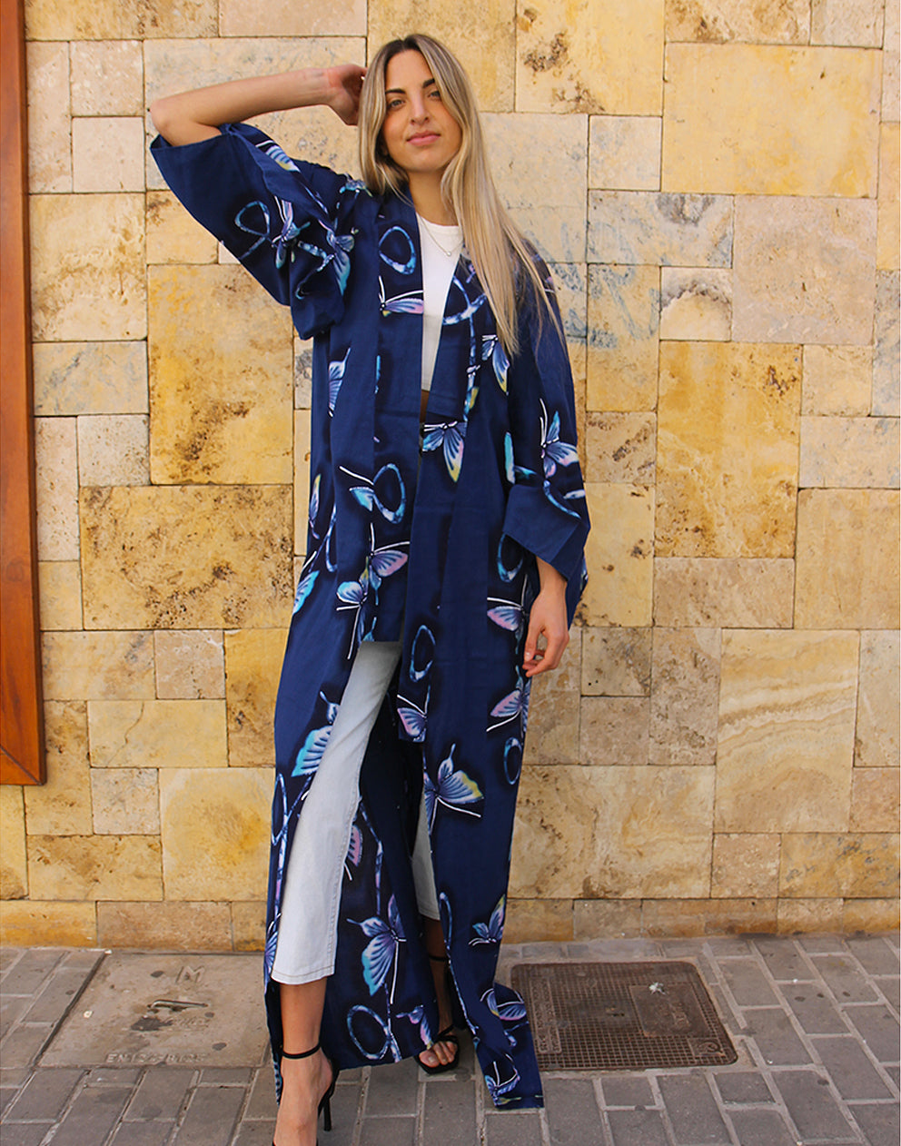 Long Kimono in Blue with Butterfly Print
