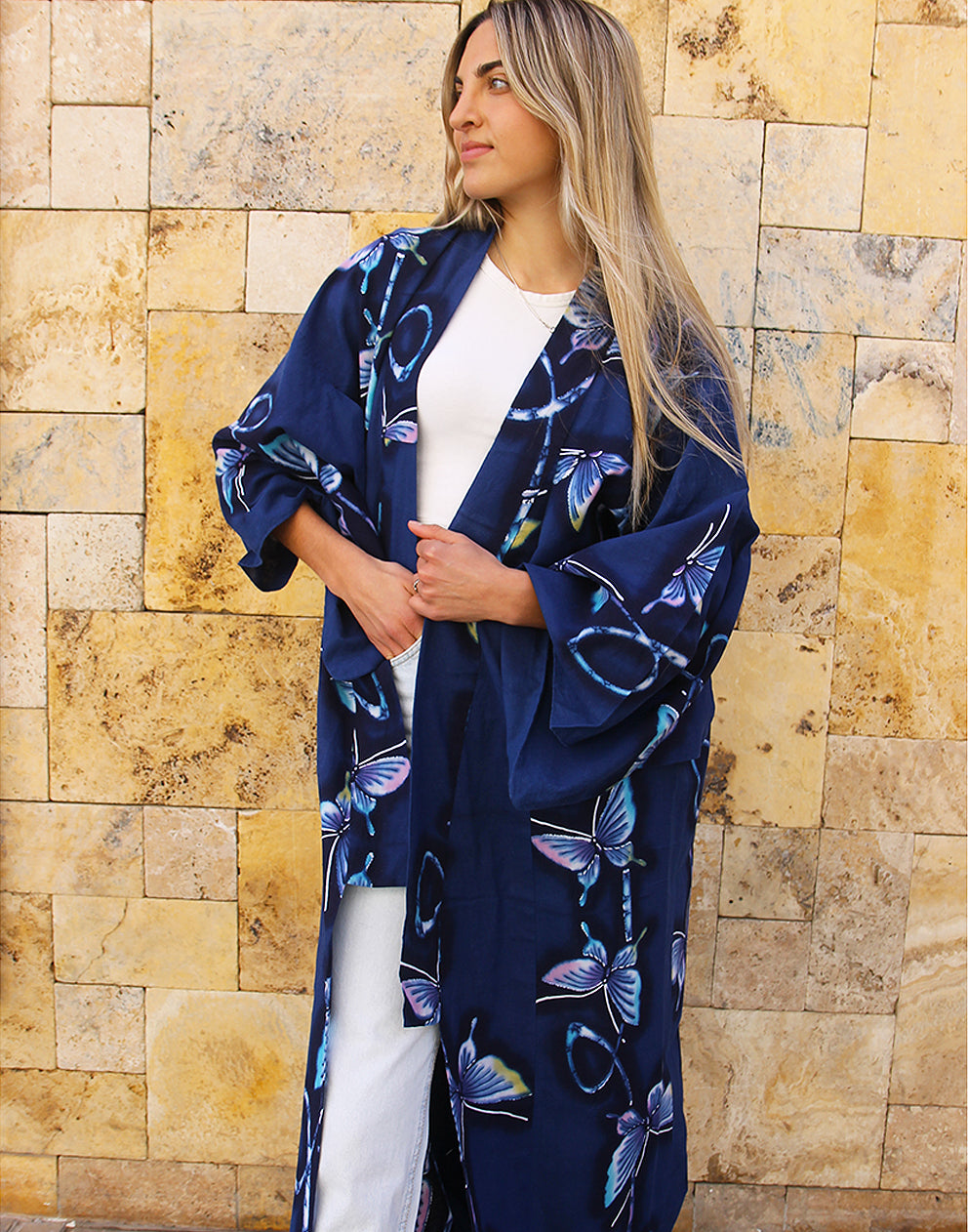 Long Kimono in Blue with Butterfly Print