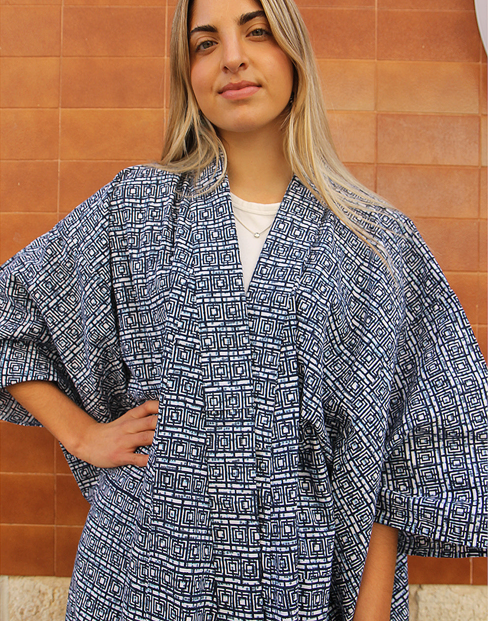 Long Kimono in Navy Print