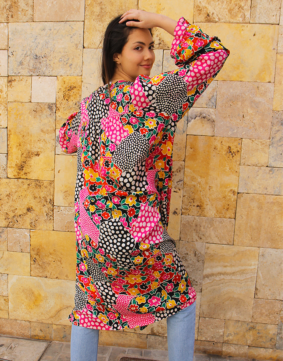 Long Sleeve Silk Dress in Multi Colour Print