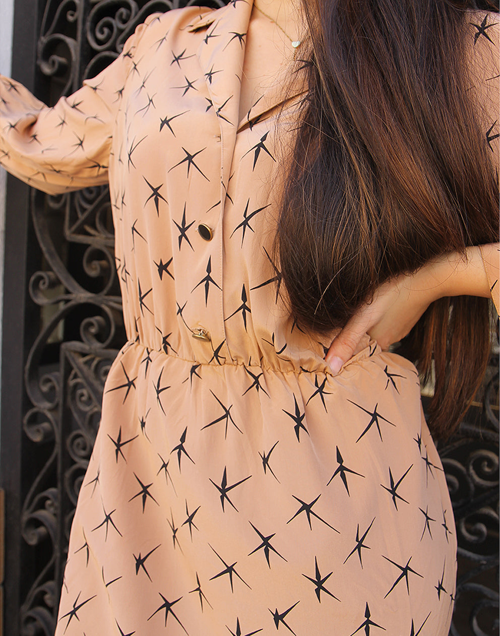Long Sleeve Silk Dress in Beige Geometric Print