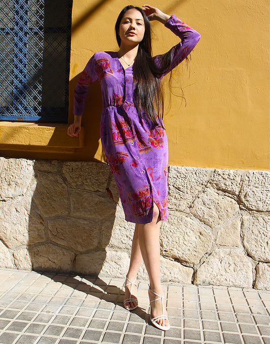 Purple Long Sleeve Silk Midi Dress