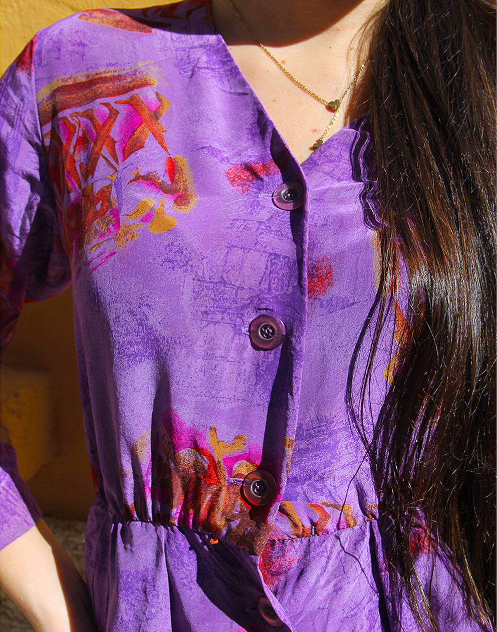Purple Long Sleeve Silk Midi Dress