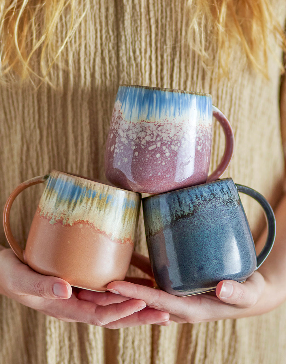 Large Stoneware Mugs in Terracotta, Grey & Purple