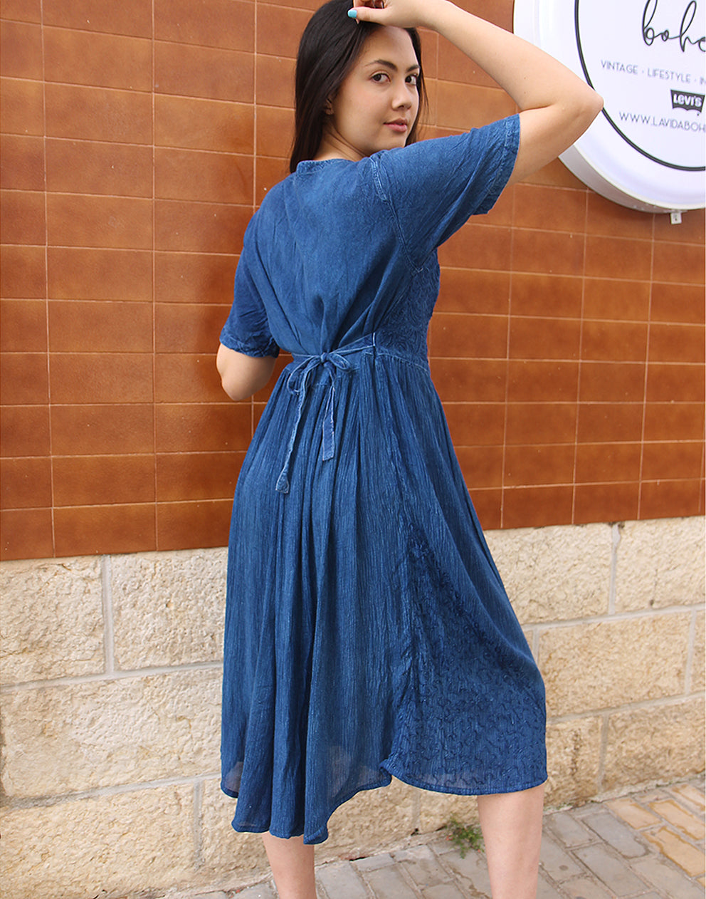 Long Embroidered Dress in Navy Blue 