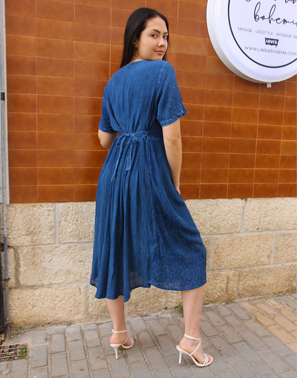 Long Embroidered Dress in Navy Blue 