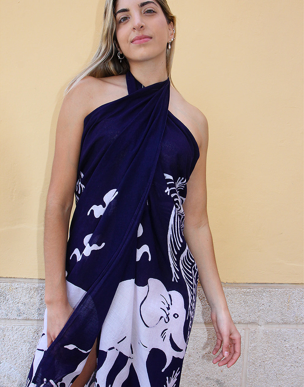 Navy Blue & White Print Sarong Dress