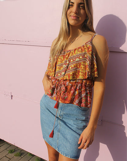 Red & Yellow Paisley & Floral Print Sleeveless Bohemian Style Top