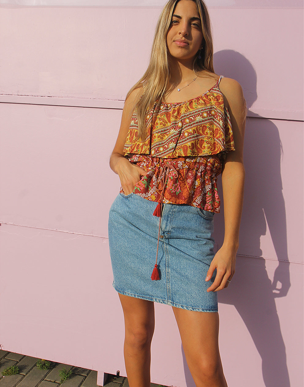 Red & Yellow Paisley & Floral Print Sleeveless Bohemian Style Top