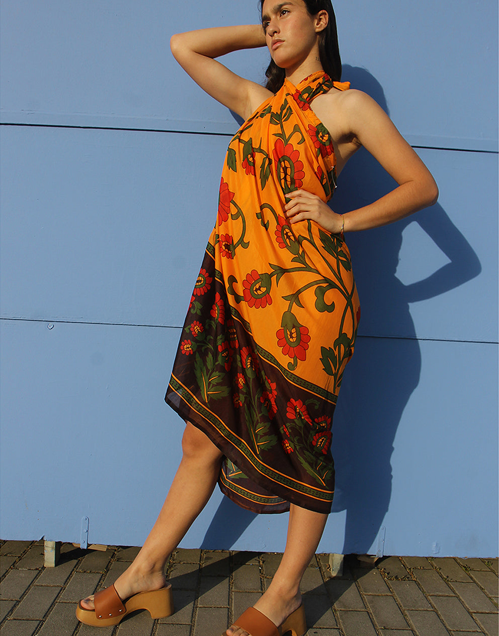 Orange Floral Print Saring Wrap Dress
