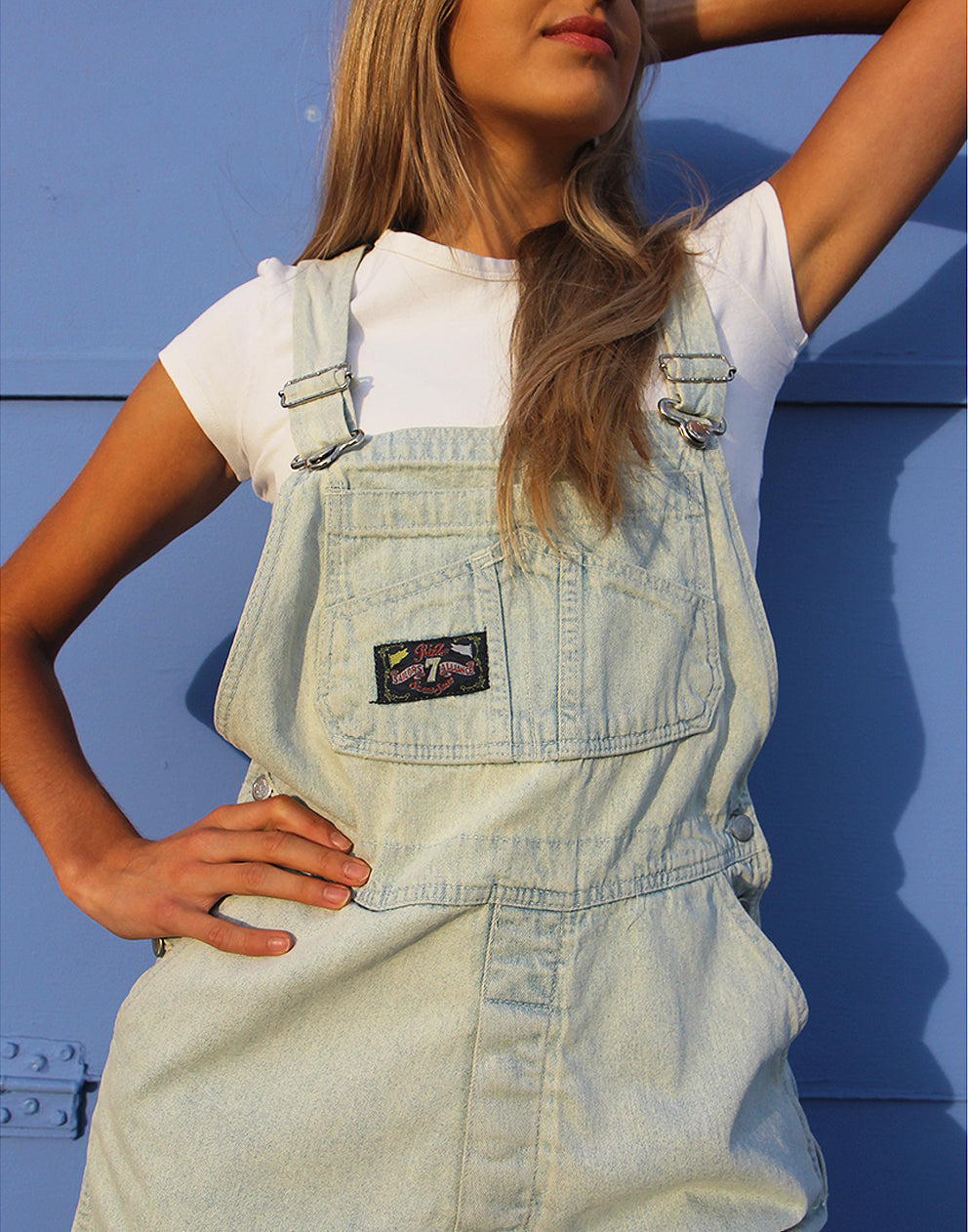 Vintage Pale Blue Long Overall Dungaree Shorts