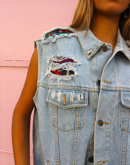 Vintage Pale Blue Denim Sleeveless Jean Jacket with Patches