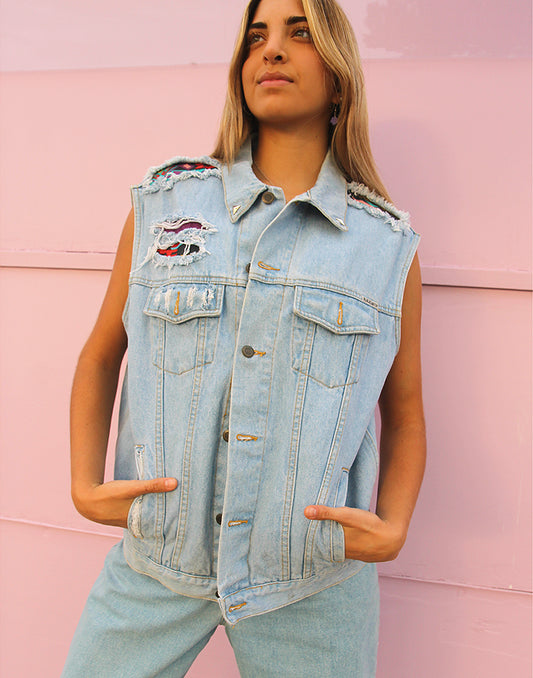Vintage Pale Blue Denim Sleeveless Jean Jacket with Patches