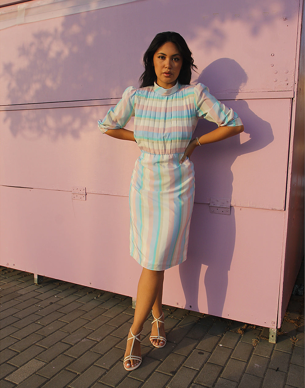 White Dress with Pastel Stripes | Workwear & Smart Midi Dress La Vida Bohemia White Dress with Pastel Stripes | Workwear & Smart Midi Dress La Vida Bohemia