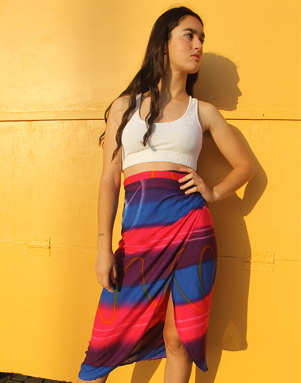 New Pink & Purple Abstract Print Wrap Midi Skirt