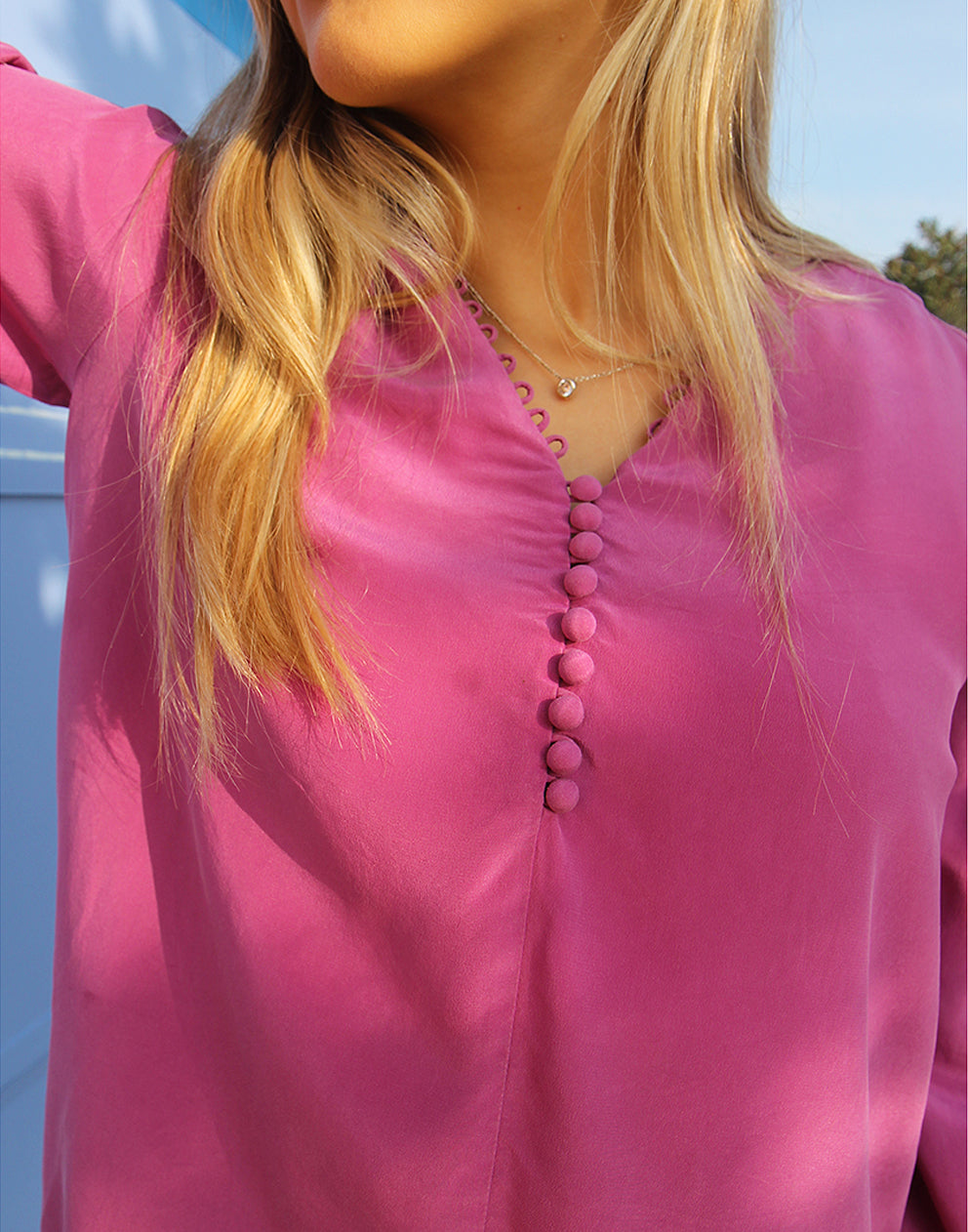 Pink Long Sleeve Pure Silk Top with Button Up Detail