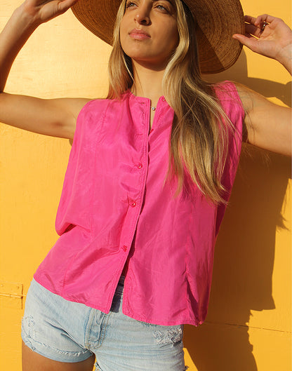 Pink Sleeveless Collarless Silk Shirt