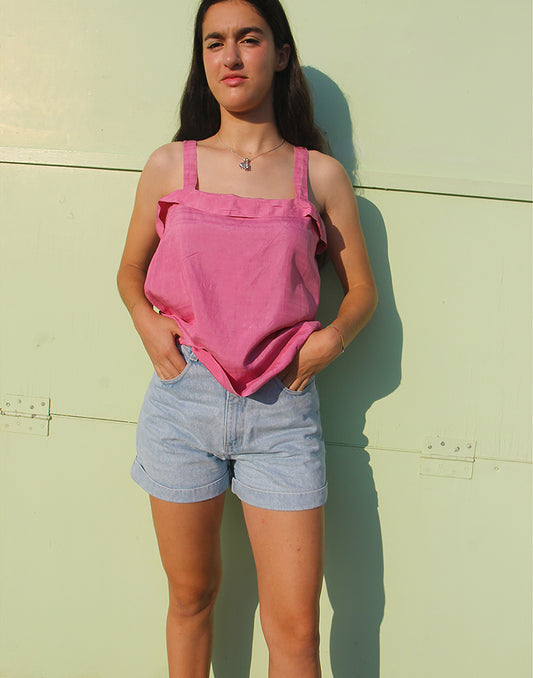 Vintage Handmade Pink Silk Camisole Top with Front Ruffle Detail