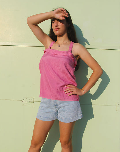 Vintage Handmade Pink Silk Camisole Top with Front Ruffle Detail