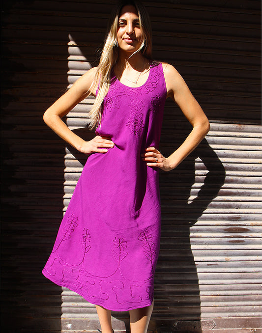 Embroidered Purple Sleeveless Dress