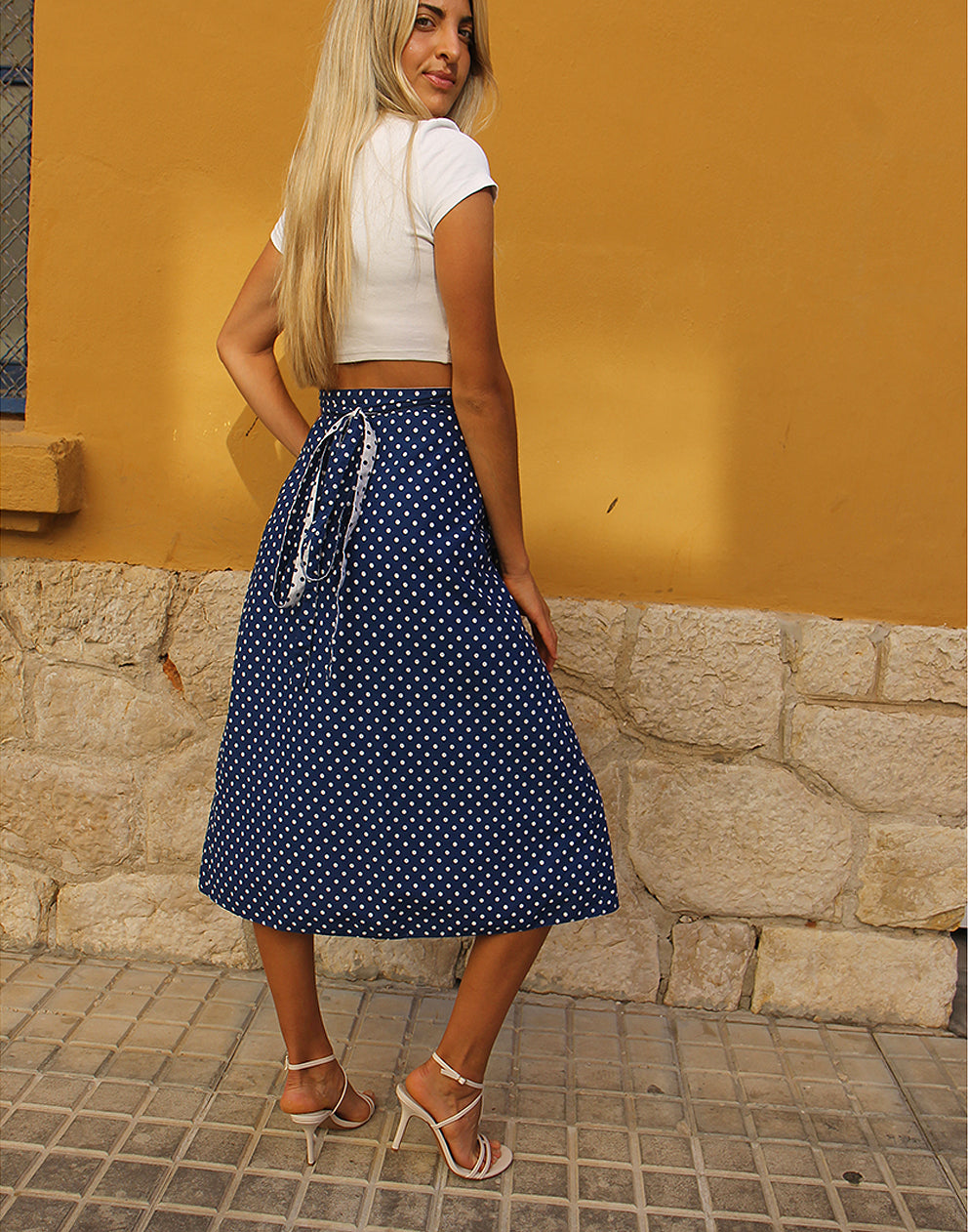 Blue Polkadot Midi Skirt