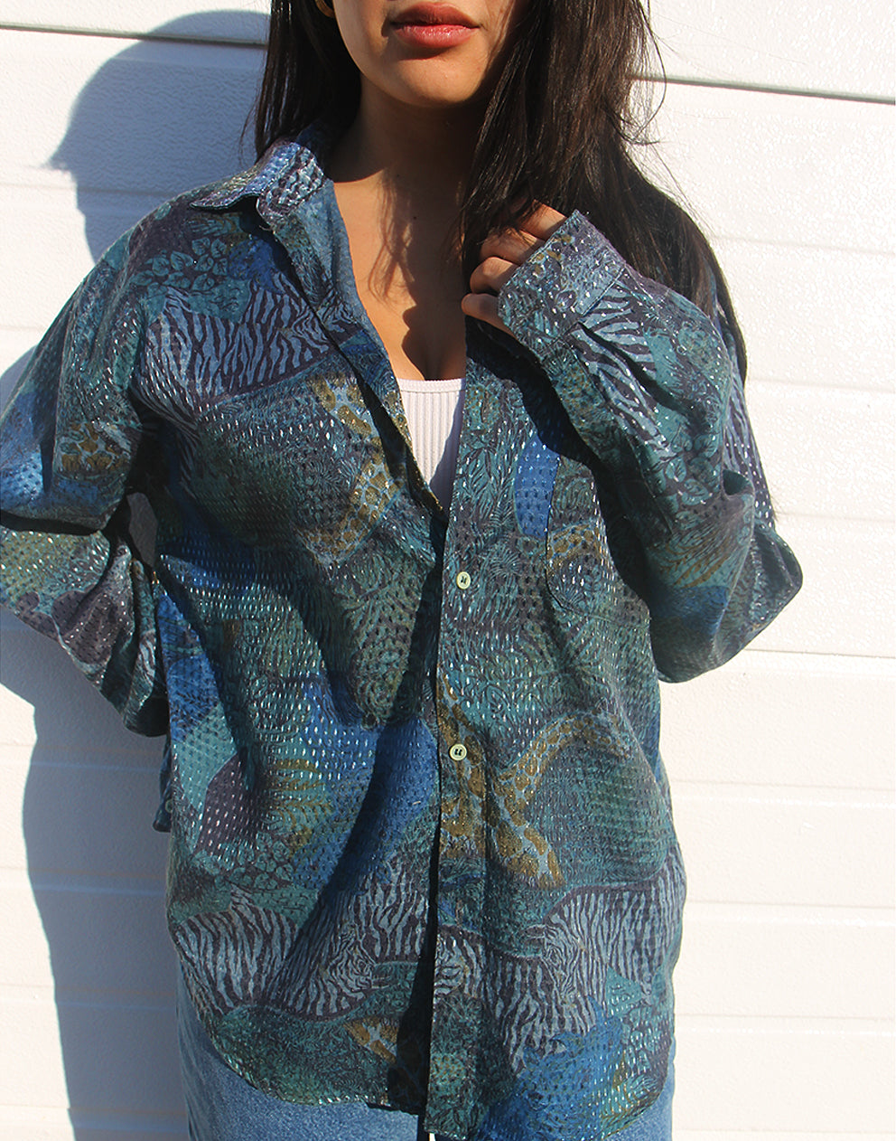 close up detail of printed vintage long sleeve shirt