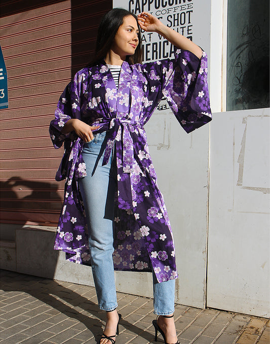Long Floral Kimono in Black & Purple 