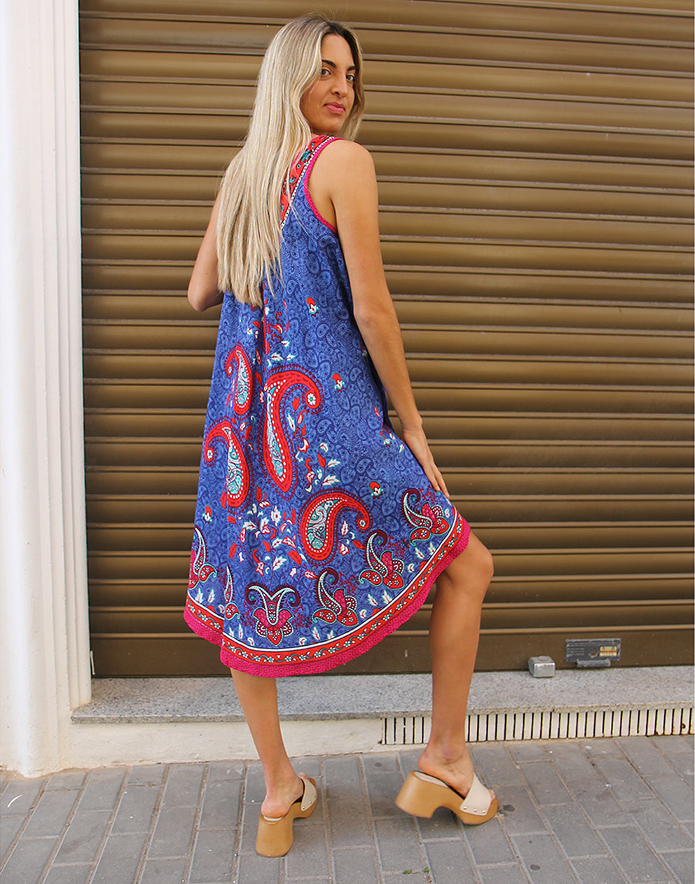 Printed Trapeze Dress in Blue