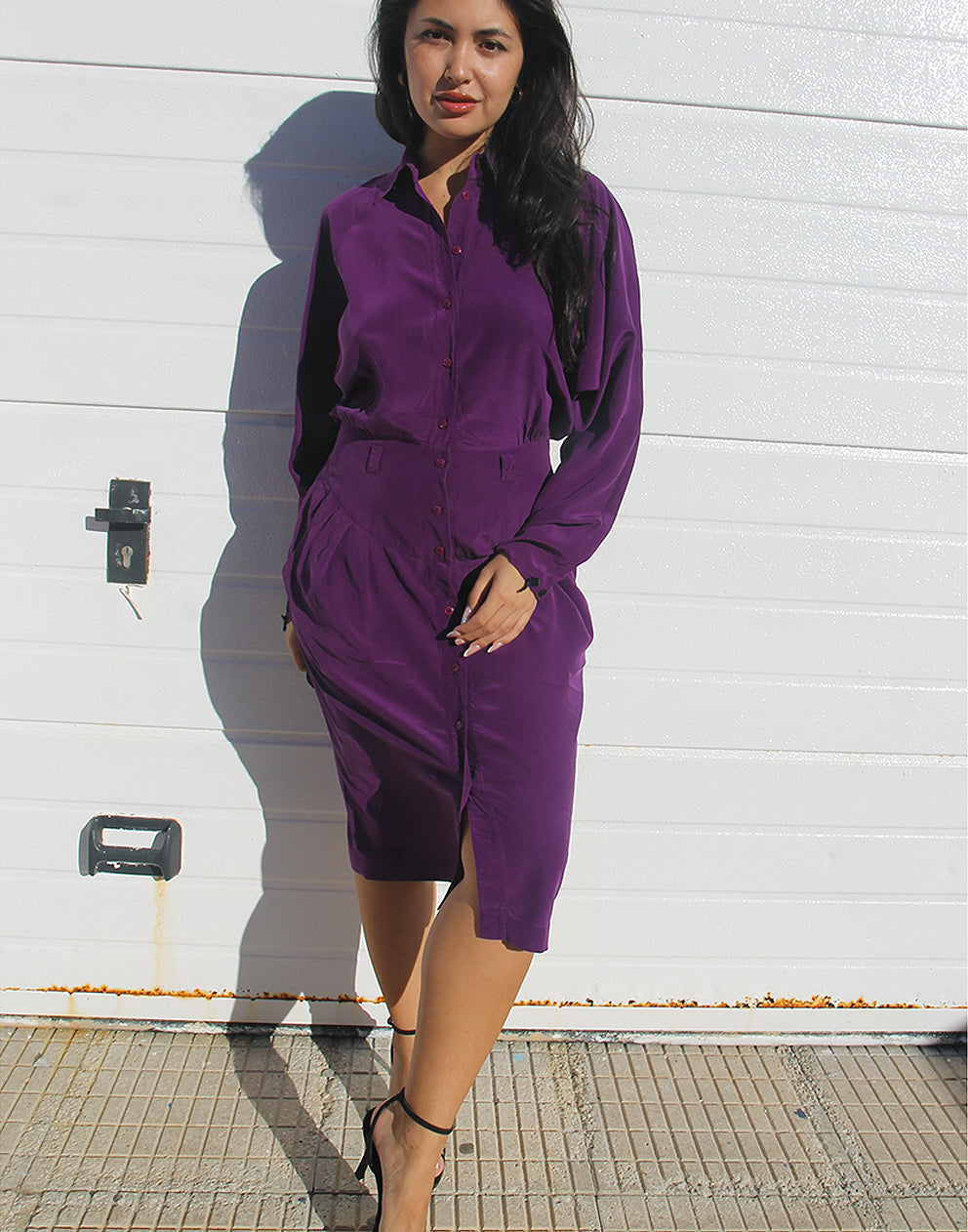 Vestido camisero de manga larga en color morado