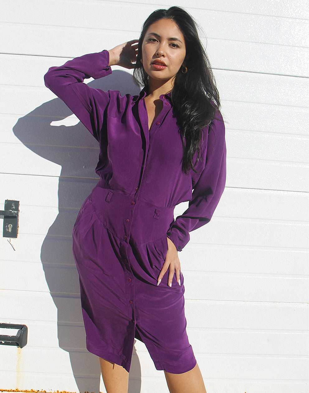 Vestido camisero de manga larga en color morado