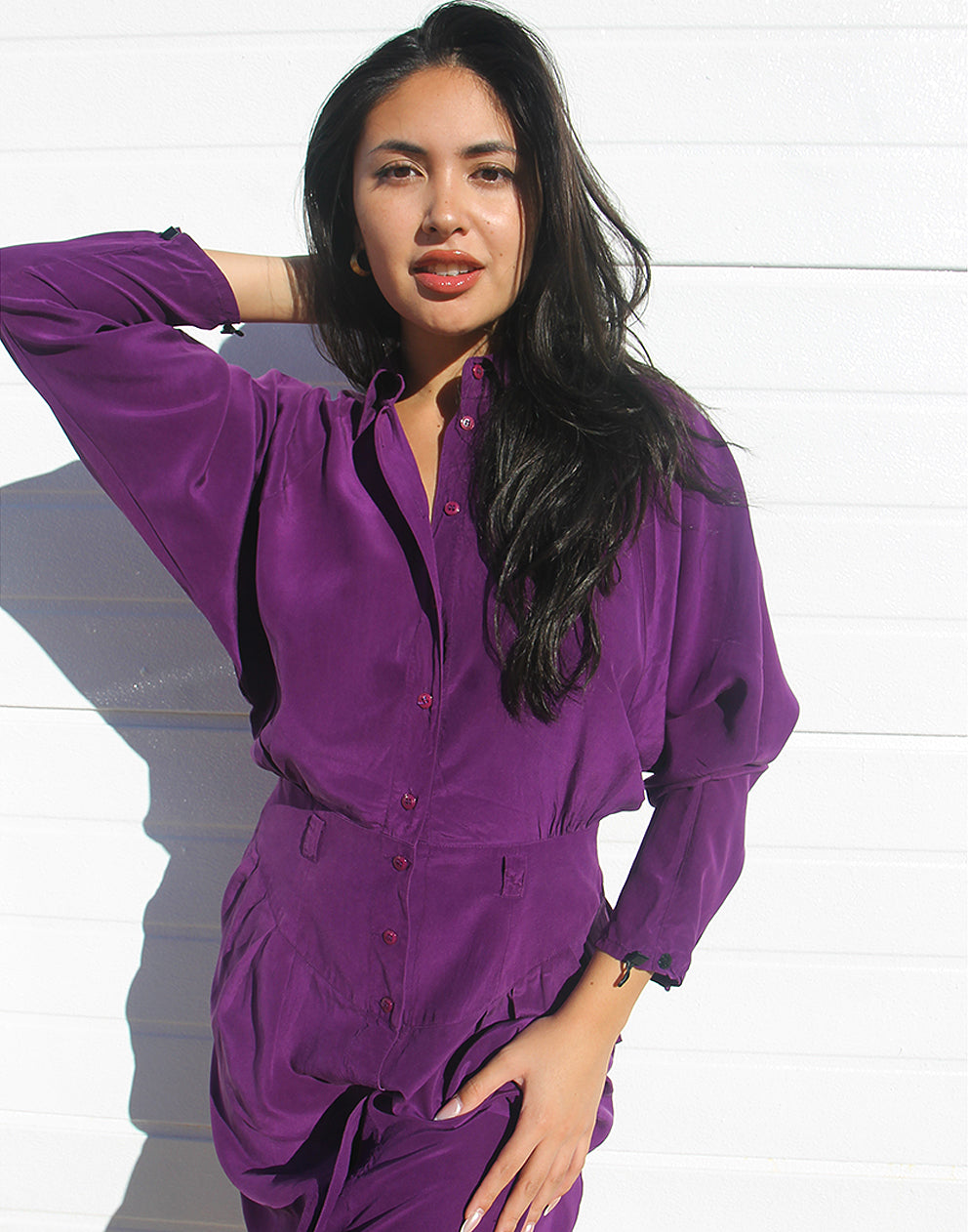 Vestido camisero de manga larga en color morado