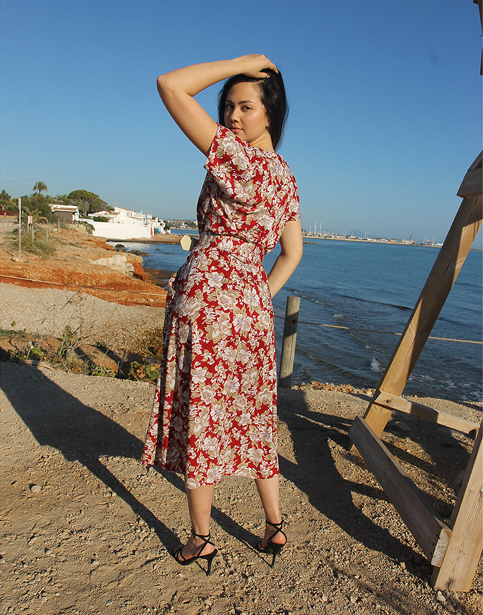 Red Floral Midi Dress