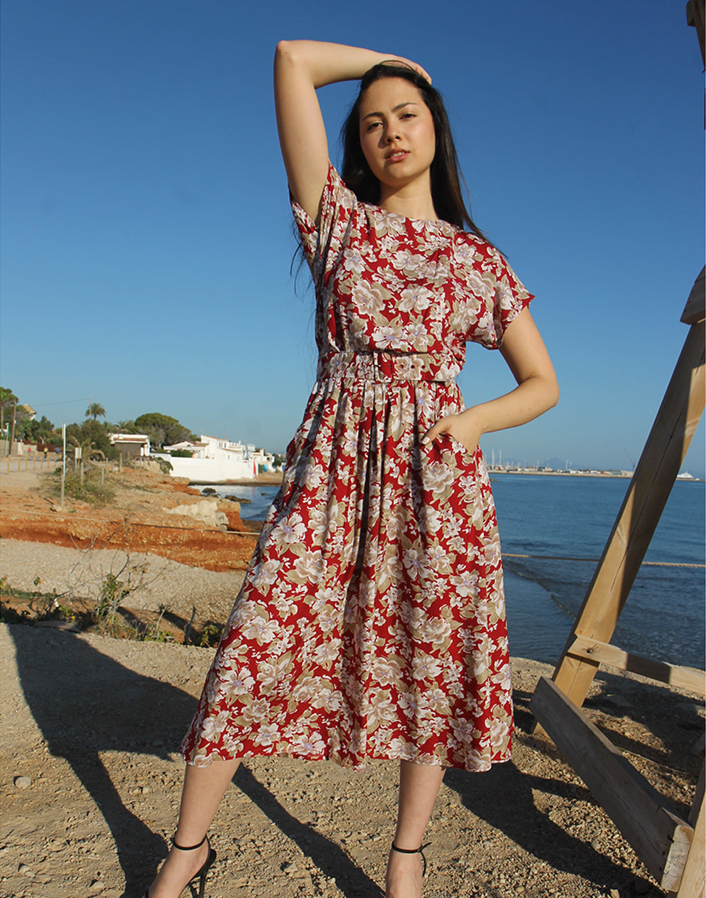 Red Floral Midi Dress