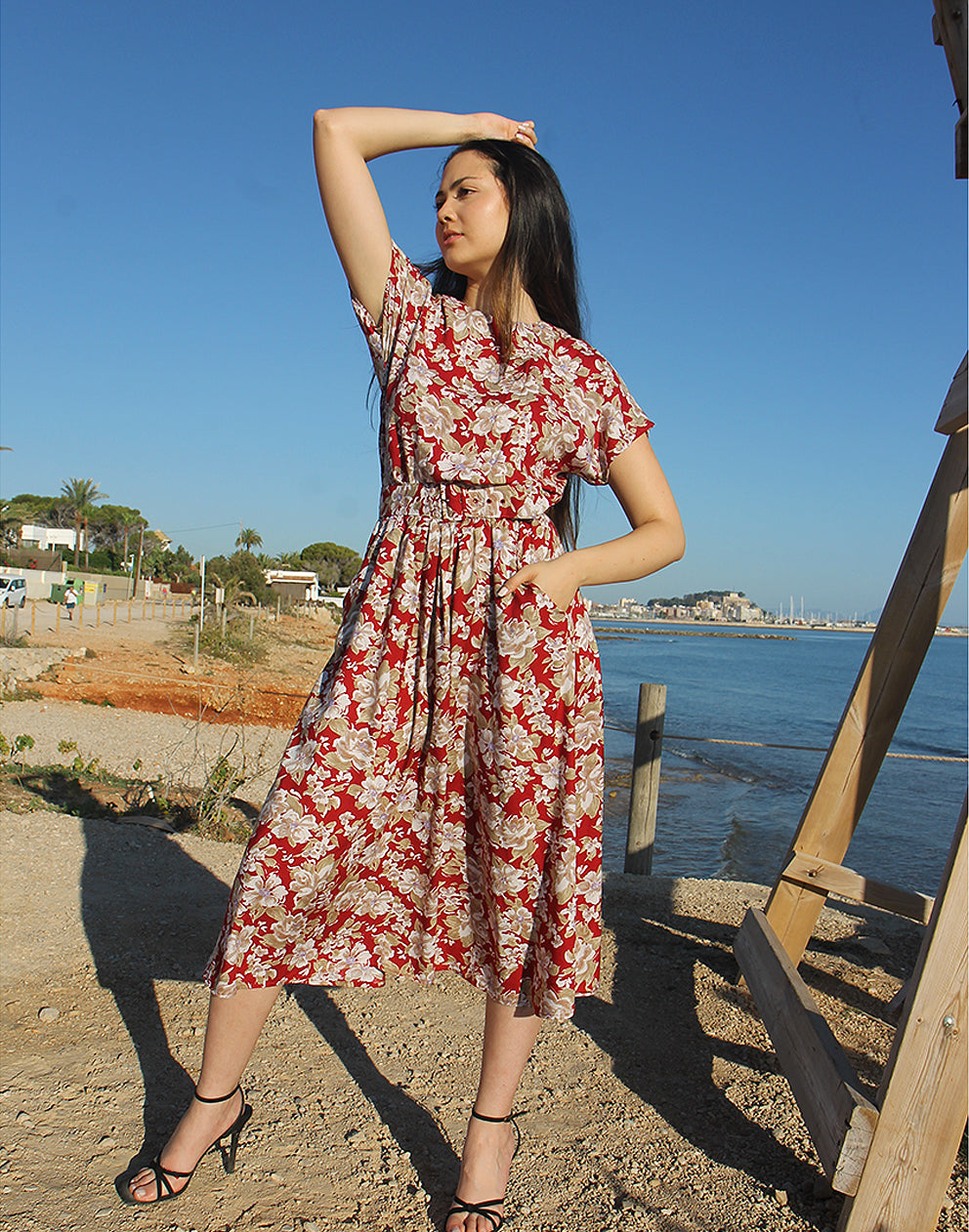 Red Floral Midi Dress