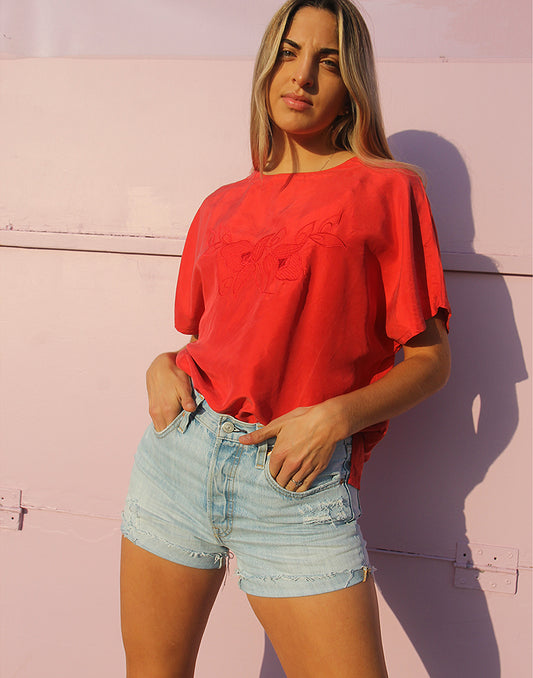 Red Floral Embroidered Pure Silk Short Sleeve Top