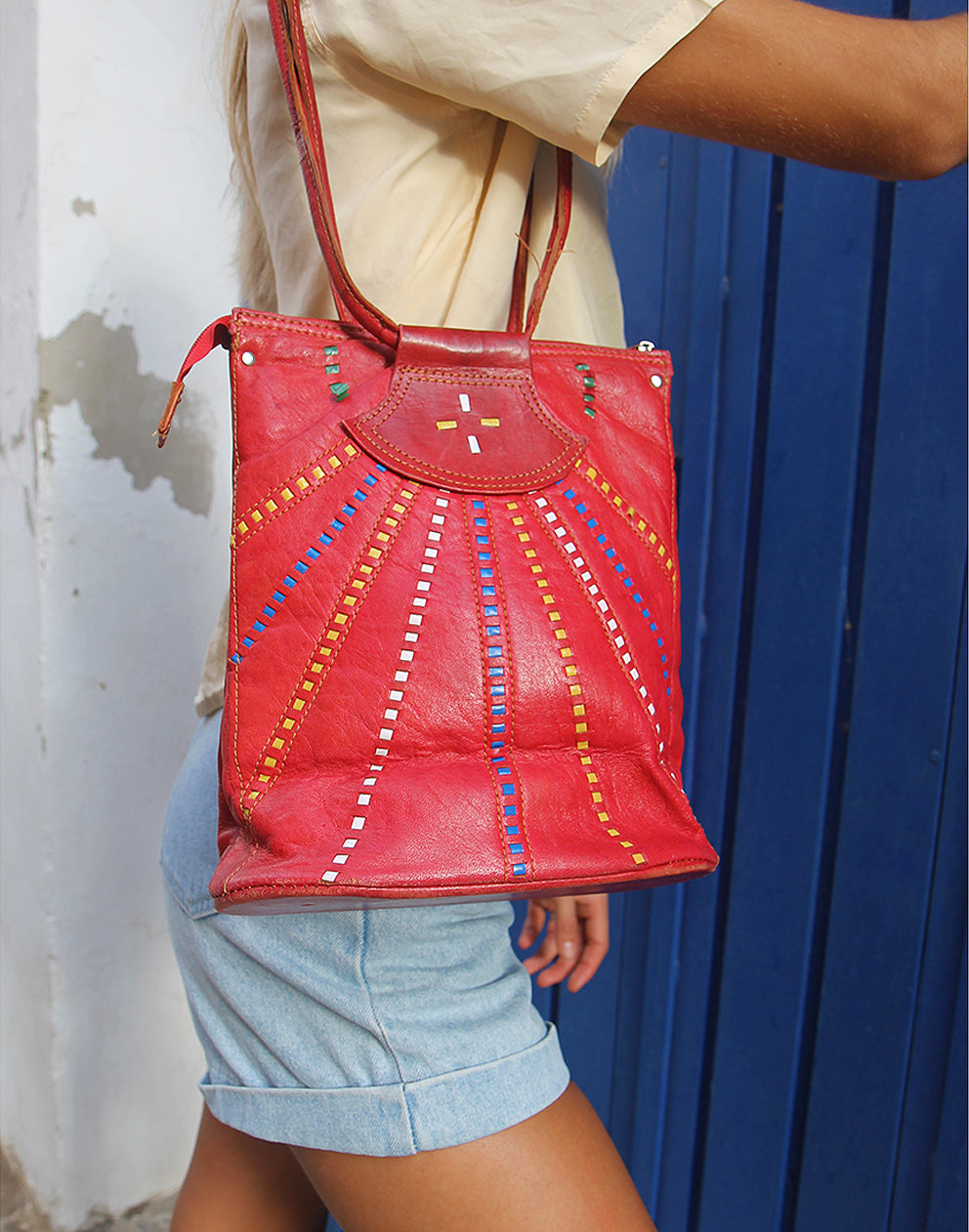 Vintage Red Real Leather Boho Hippie Handbag