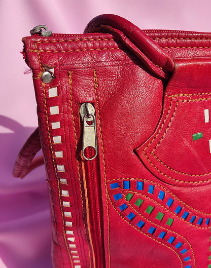 Vintage Red Real Leather Boho Hippie Handbag