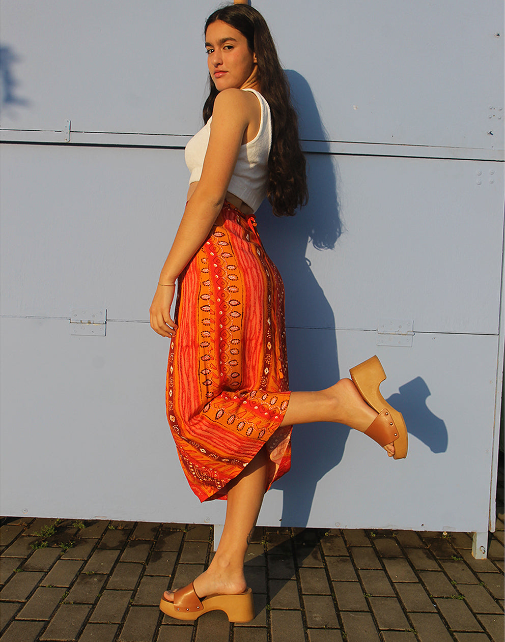 Red & Orange Floral Print Wrap Midi Skirt