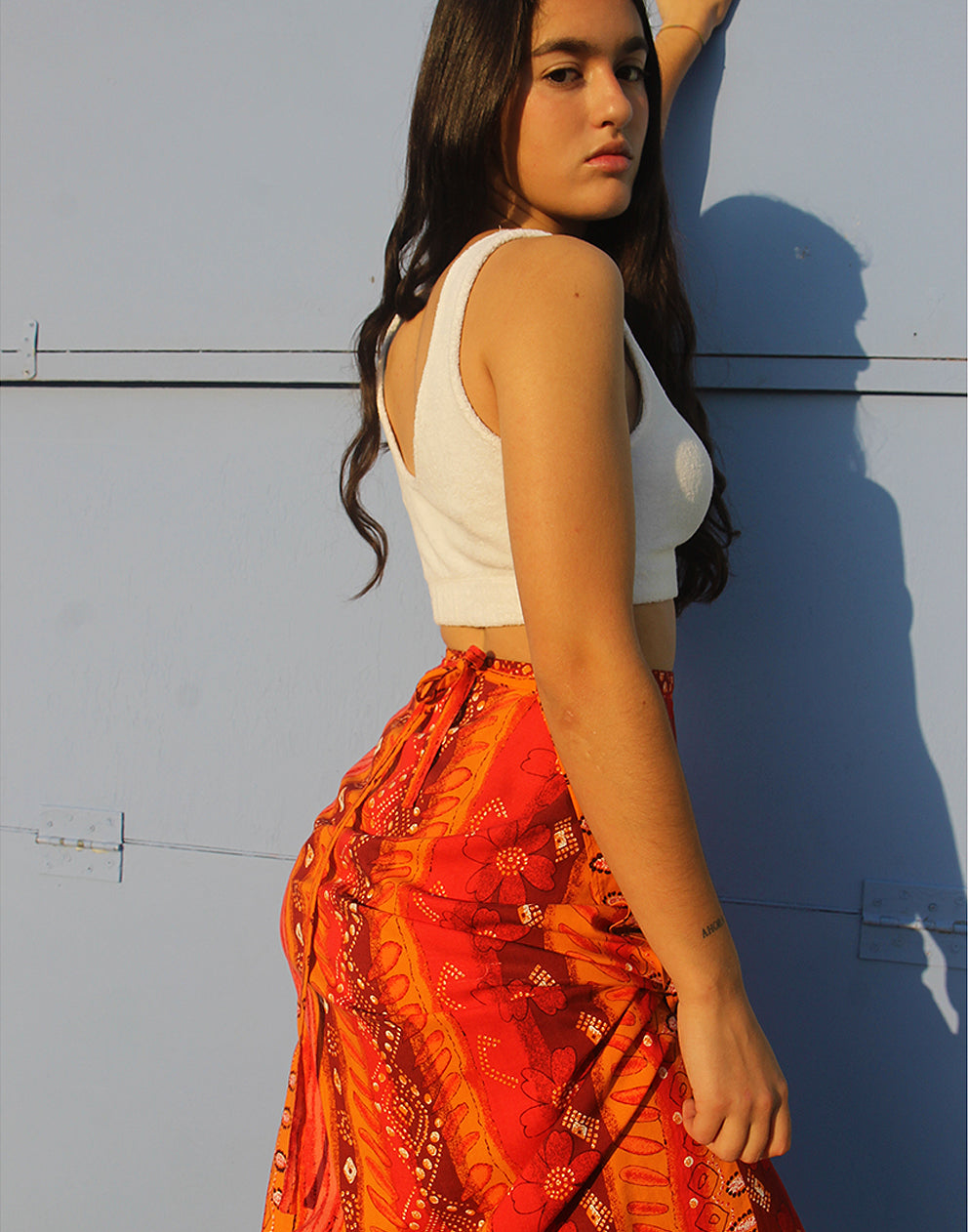 Red & Orange Floral Print Wrap Midi Skirt