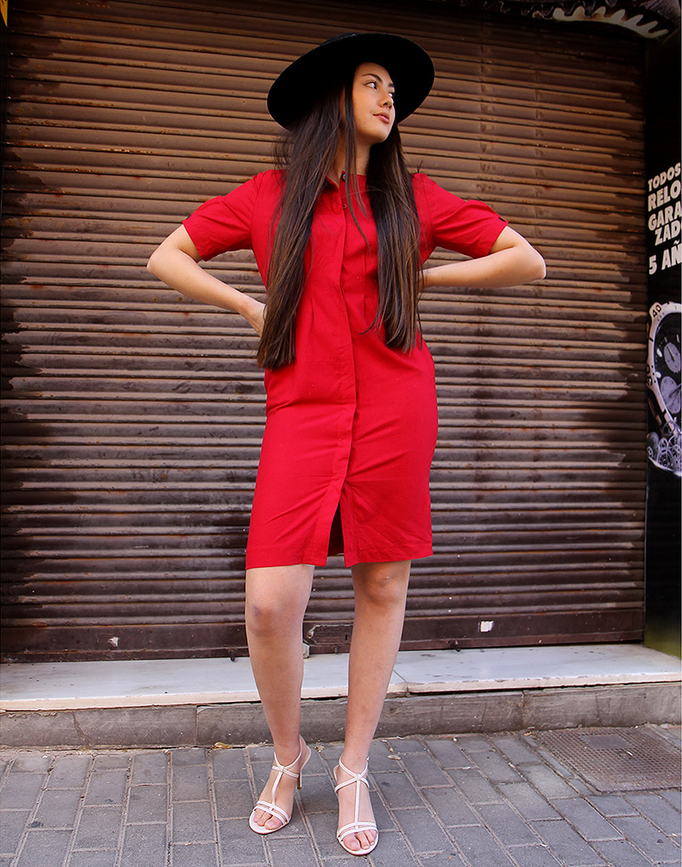 Red Shift Dress with Short Sleeves