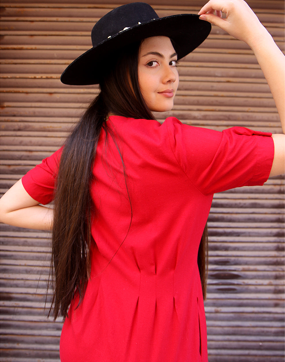 Red Shift Dress with Short Sleeves