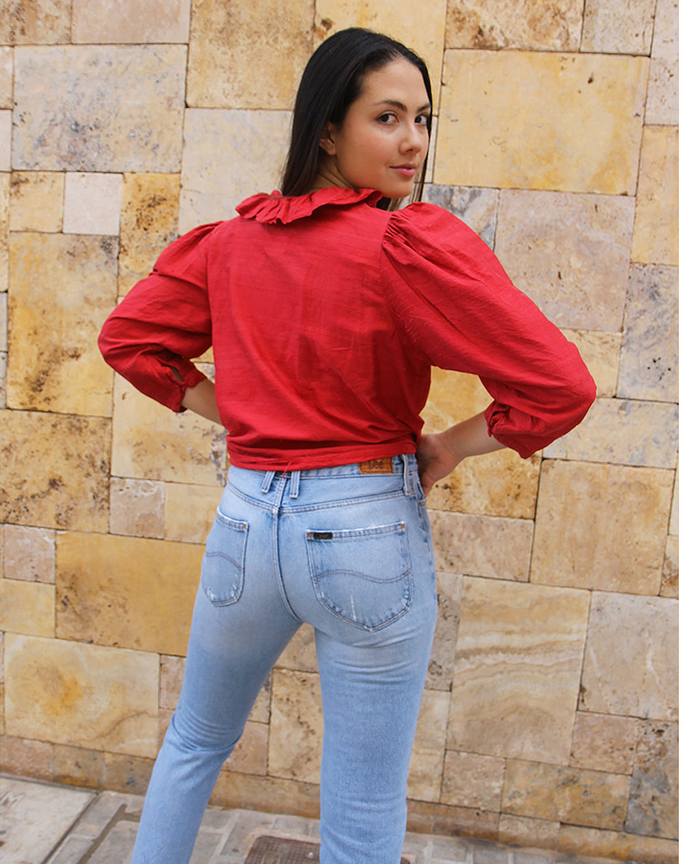 Red Silk Blouse with Ruffle