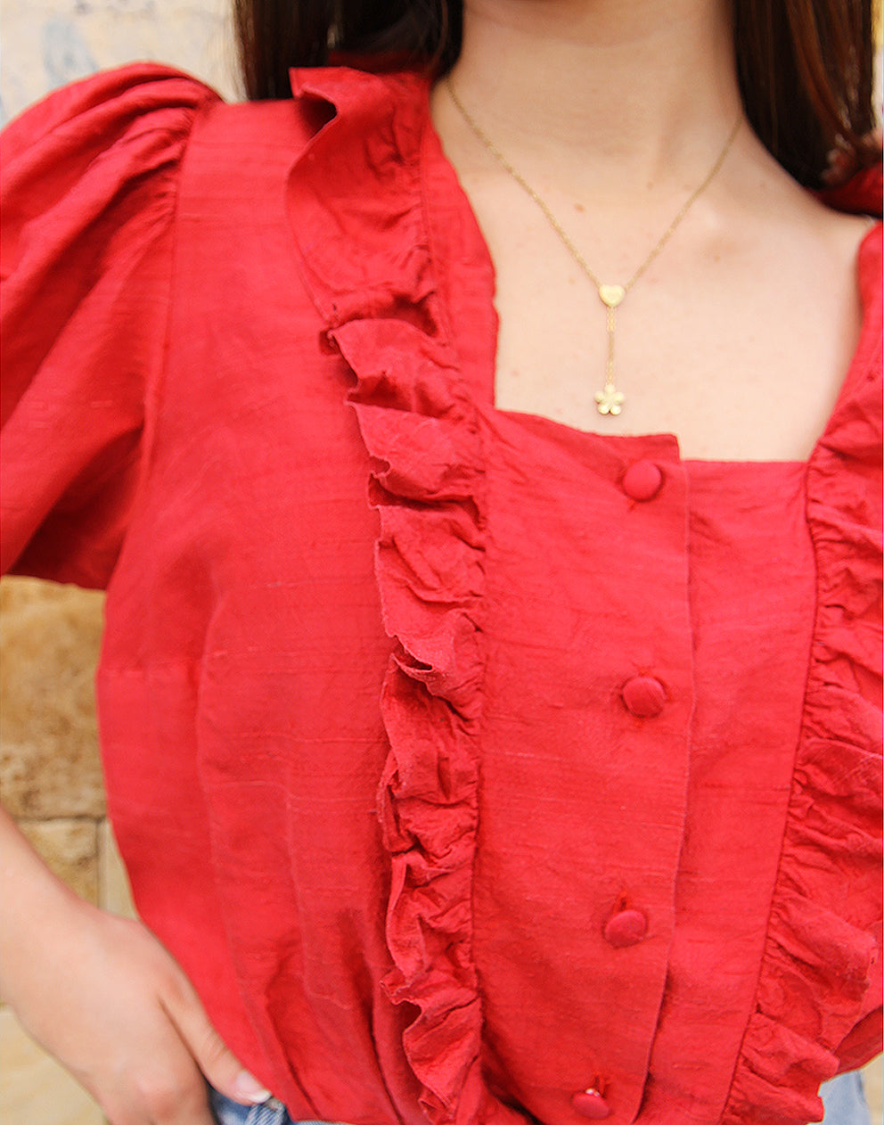 Red Silk Blouse with Ruffle