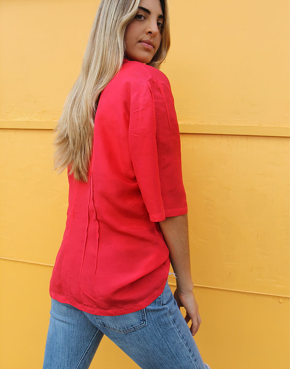 Red Silk Blouse with Short Sleeves