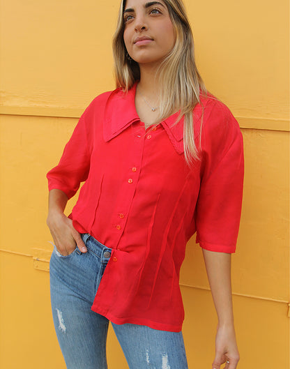 Red Silk Blouse with Short Sleeves