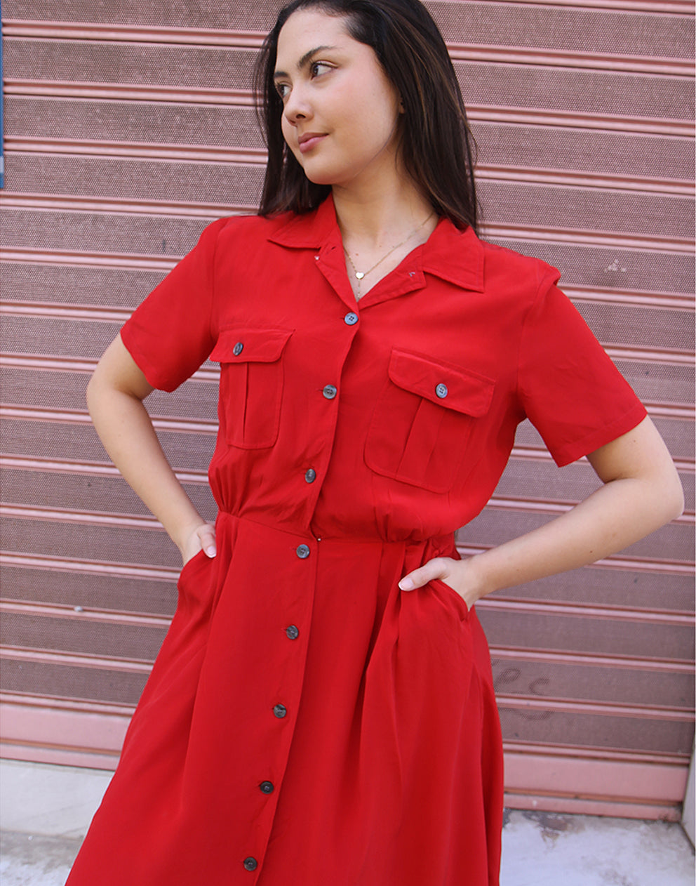 Red Silk Long Shirt Dress